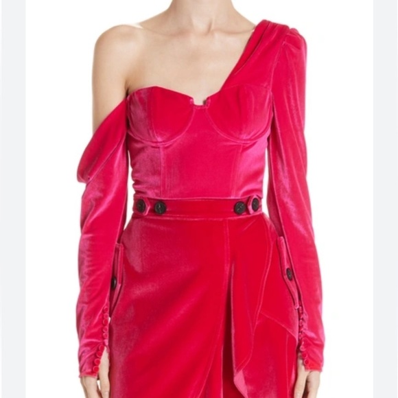SELF-PORTRAIT One-shoulder Velvet Crop Top in pink size 2 - Picture 4 of 9